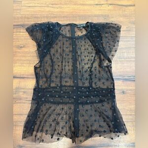 J.CREW Size 4 Cap Sleeve Peplum Top in Dotted Tulle Black Polka Dots Sheer Small